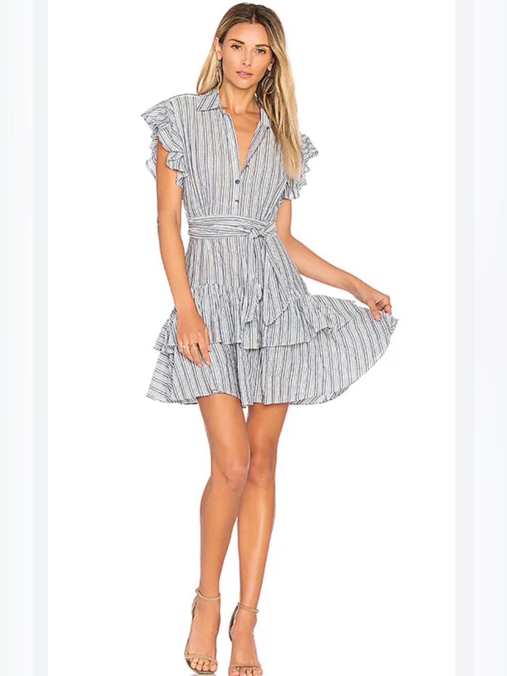 REBECCA TAYLOR YARN DYED Blue & White STRIPED DRESS Tie-Waist Mini Dress size 6